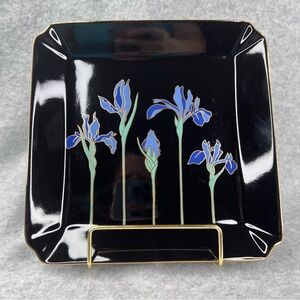 Otagiri Japan Blue Iris Flower Square Plate Black Trinket Dish Vintage